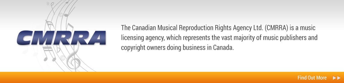The Canadian Musical Reproduction Rights Agency Ltd. (CMRRA) is a music licensing agency, which represents the vast majority of music publishers and copyright owners doing business in Canada.